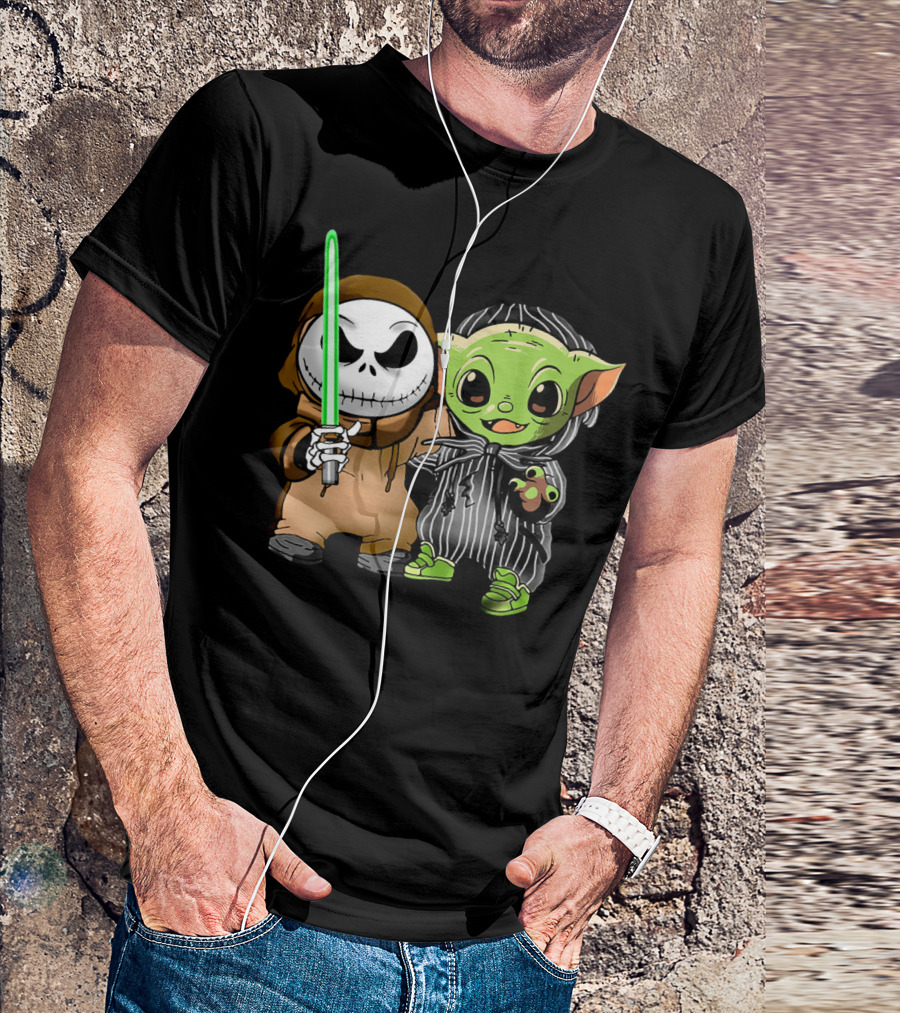 Jack Skellington In Jedi Robe And Baby Yoda In Striped Suit With Lightsaber T-Shirt