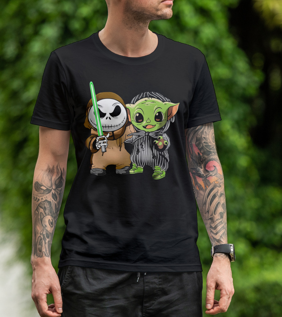 Jack Skellington In Jedi Robe And Baby Yoda In Striped Suit With Lightsaber T-Shirt