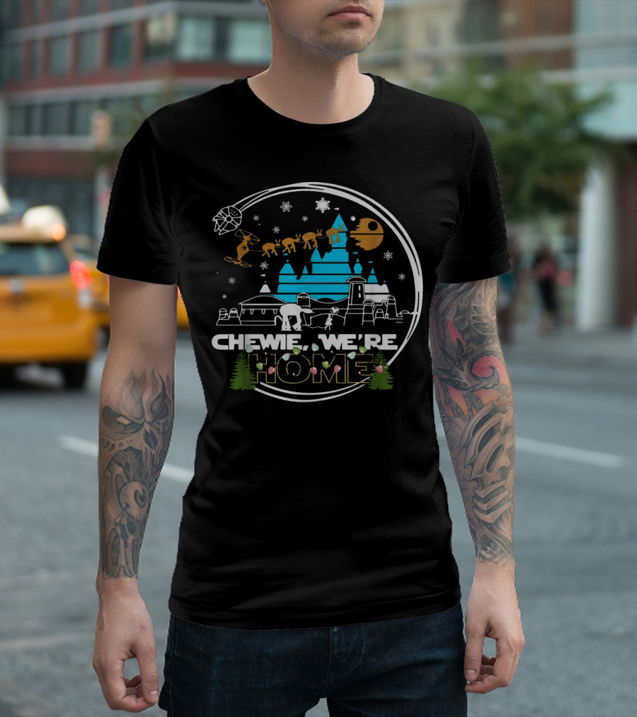 Disney Star Wars Chewie We're Home Snowflake Millennium Falcon Christmas Trees T-Shirt