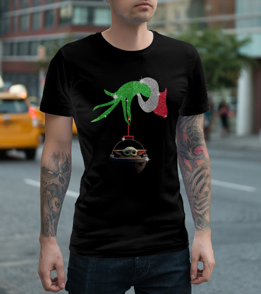 Grinch Glitter Hand Holding Baby Yoda T-Shirt