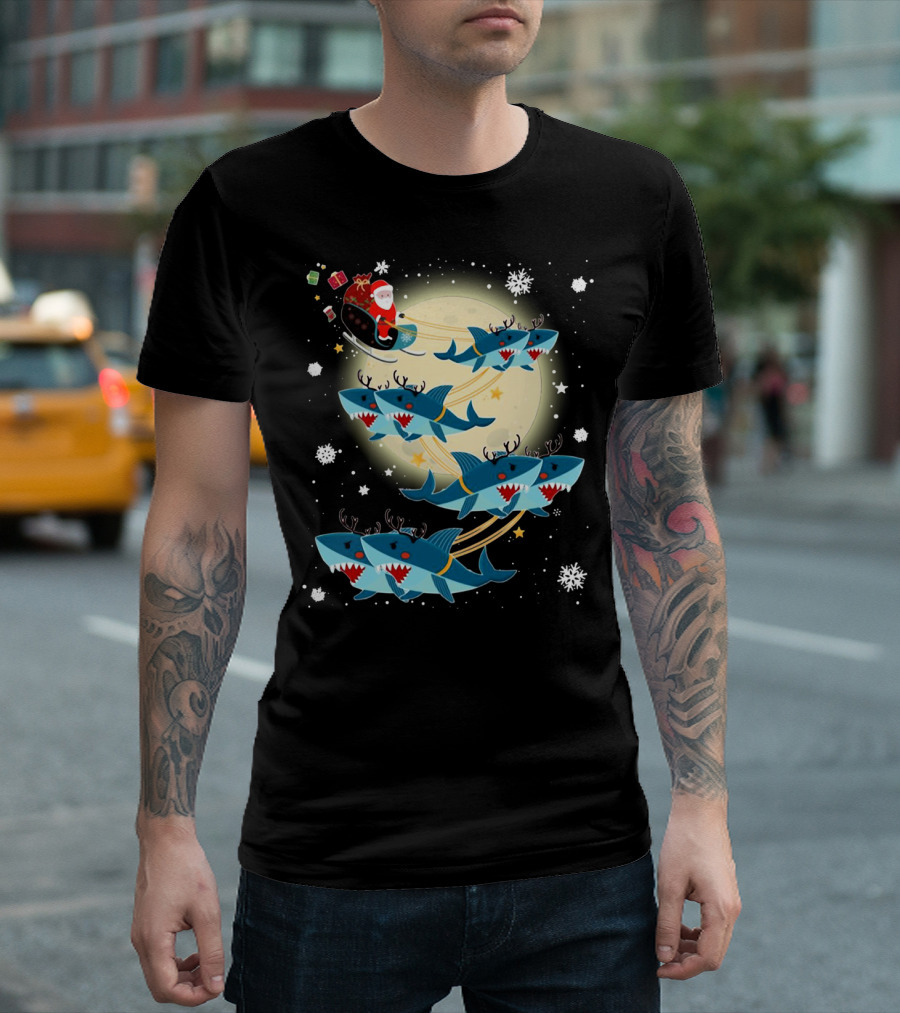 Santa Claus Riding Shark Reindeer Full Moon Snowflakes T-Shirt
