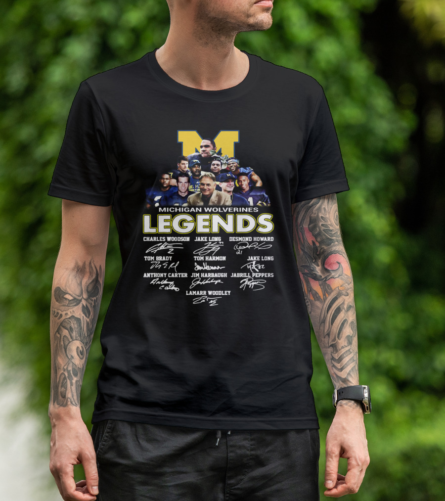Michigan Wolverines Legends Charles Woodson Desmond Howard Tom Brady Jim Harbaugh Signatures T-Shirt