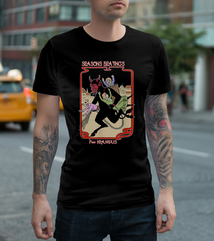 Seasons Beatings From Krampus with Festive Cityscape and Naughty Children T-Shirt