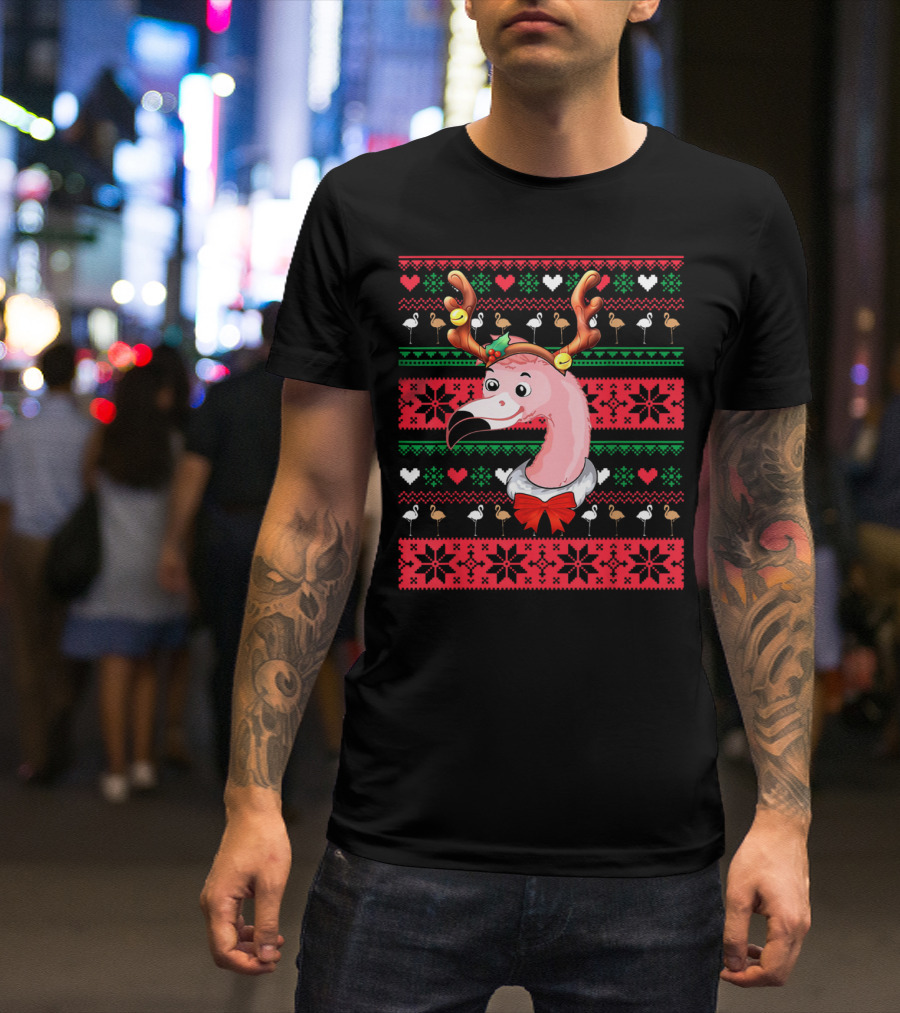 Santa Flamingo Reindeer Ugly Christmas T-Shirt