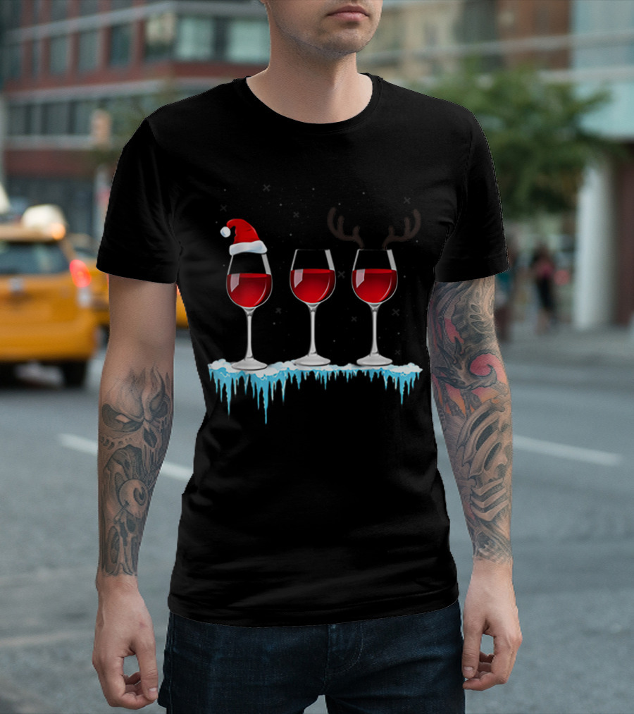 Red Wine Three Glasses Santa Hat Antlers Snow Holiday T-Shirt