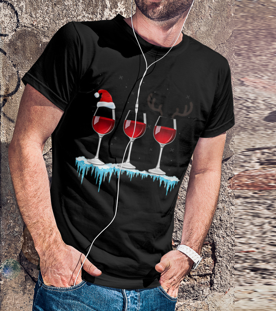 Red Wine Three Glasses Santa Hat Antlers Snow Holiday T-Shirt