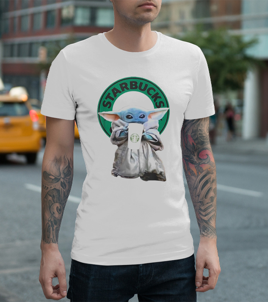 Star Wars Baby Yoda Holding Starbucks Coffee Cup T-Shirt