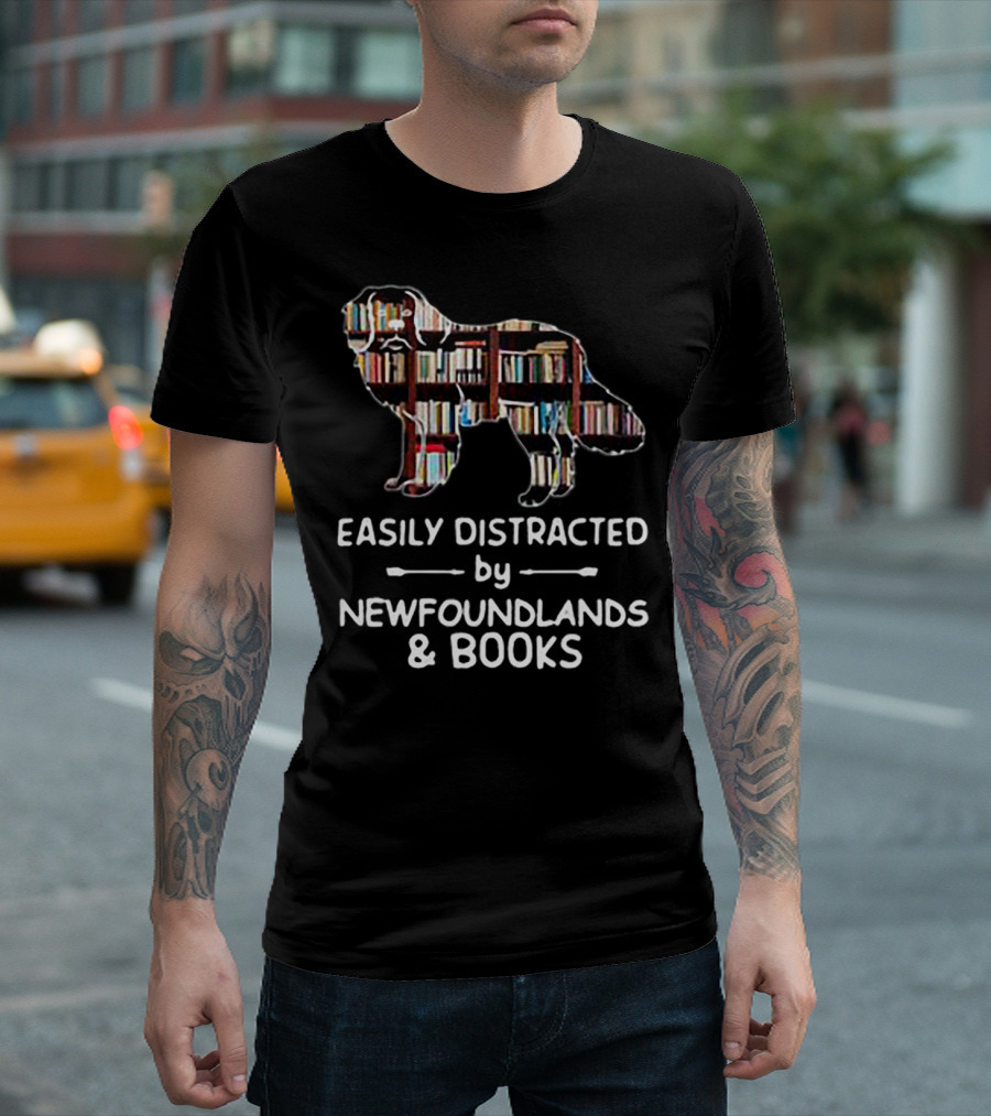 Easily Distracted By Newfoundlands And Books Silhouette Filled With Books T-Shirt