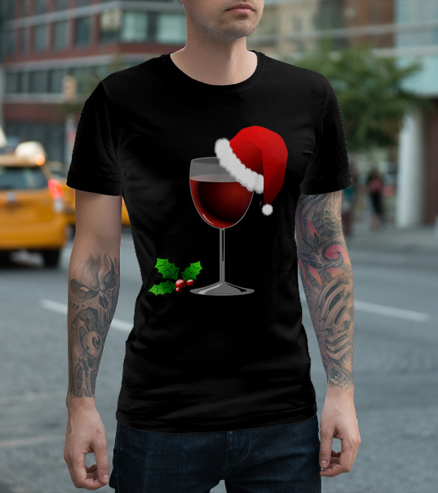 Wine Christmas Santa Hat Holly T-Shirt