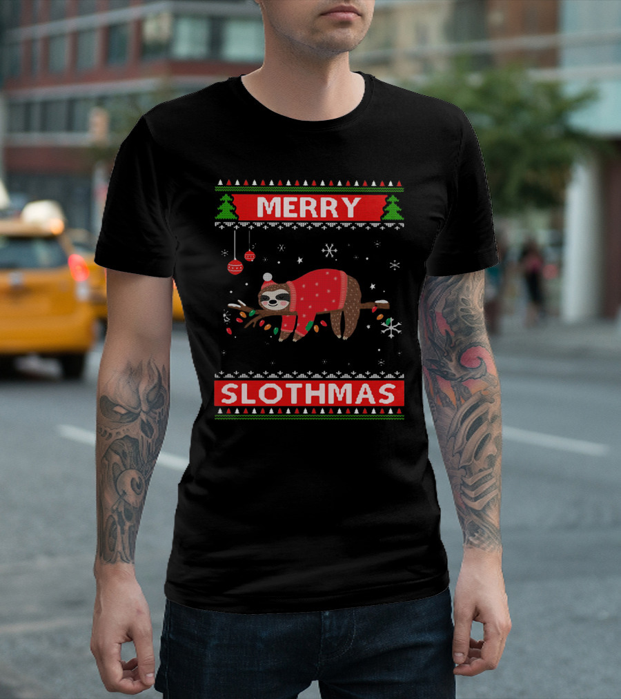 Merry Slothmas Christmas Sloth In Festive Sweater With Trees And Snowflakes T-Shirt