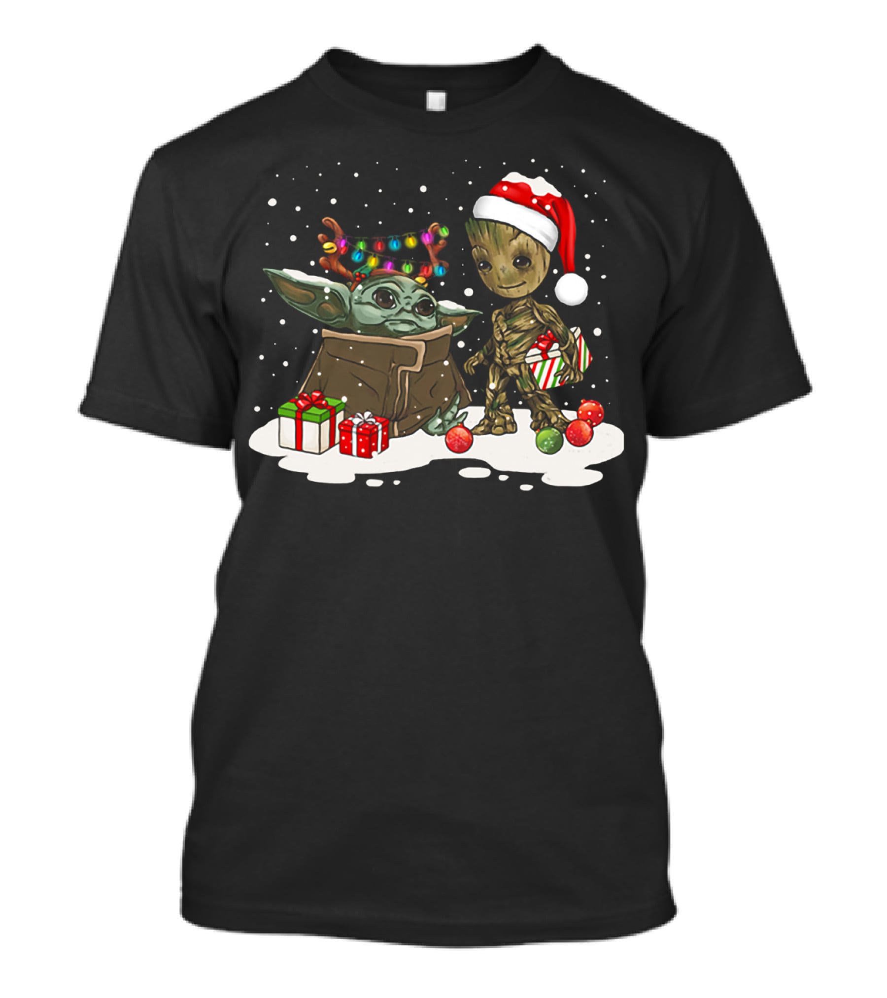 Baby Yoda And Baby Groot Christmas Santa Hat Lights T-Shirt