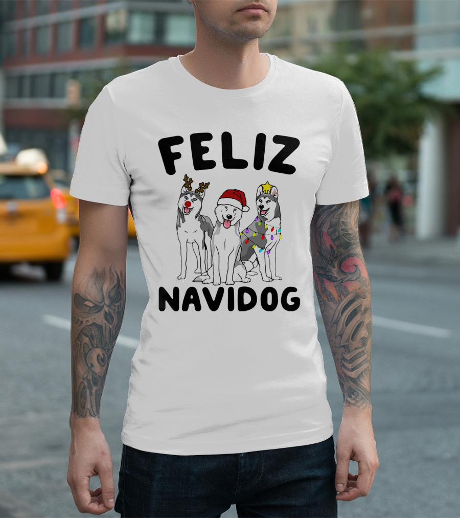Feliz Navidog Husky Reindeer Santa Lights T-Shirt