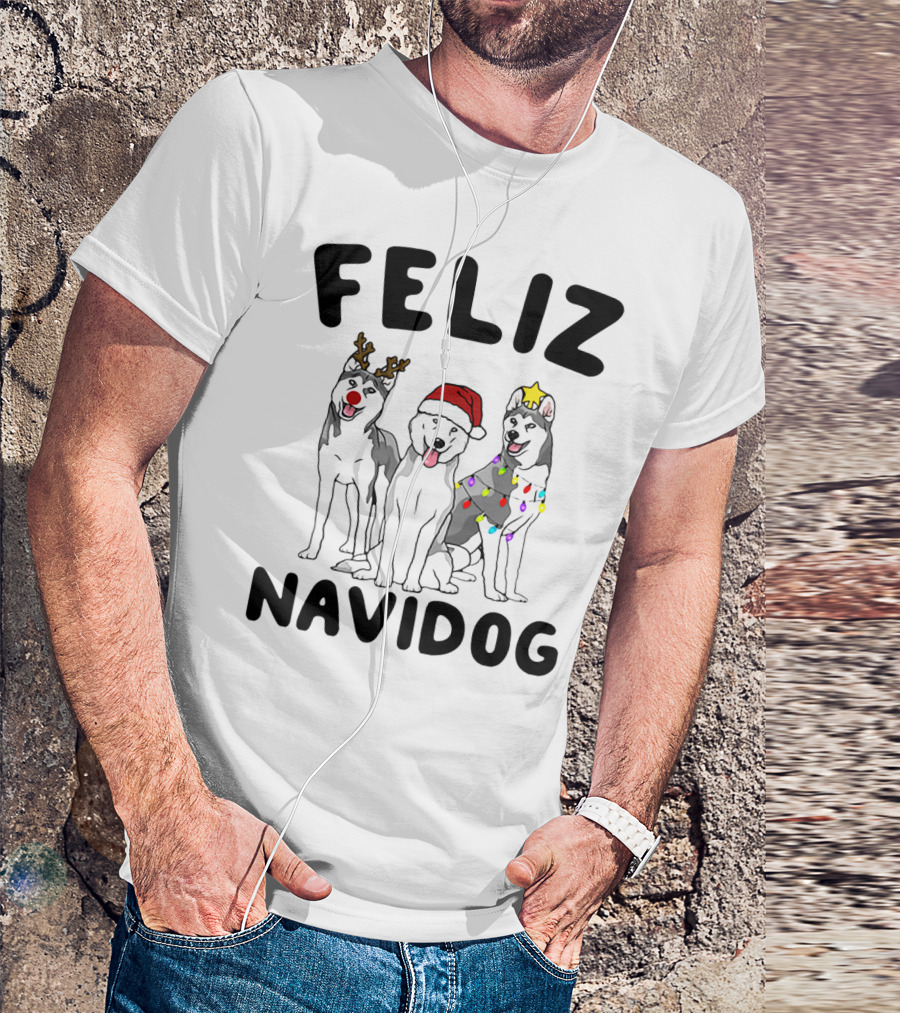 Feliz Navidog Husky Reindeer Santa Lights T-Shirt