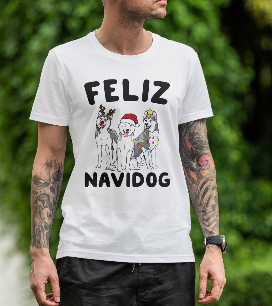 Feliz Navidog Husky Reindeer Santa Lights T-Shirt