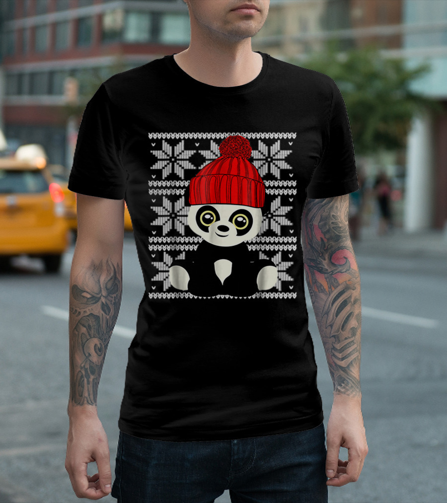 Ugly Sweater Christmas Panda Bear with Red Knit Hat T-Shirt