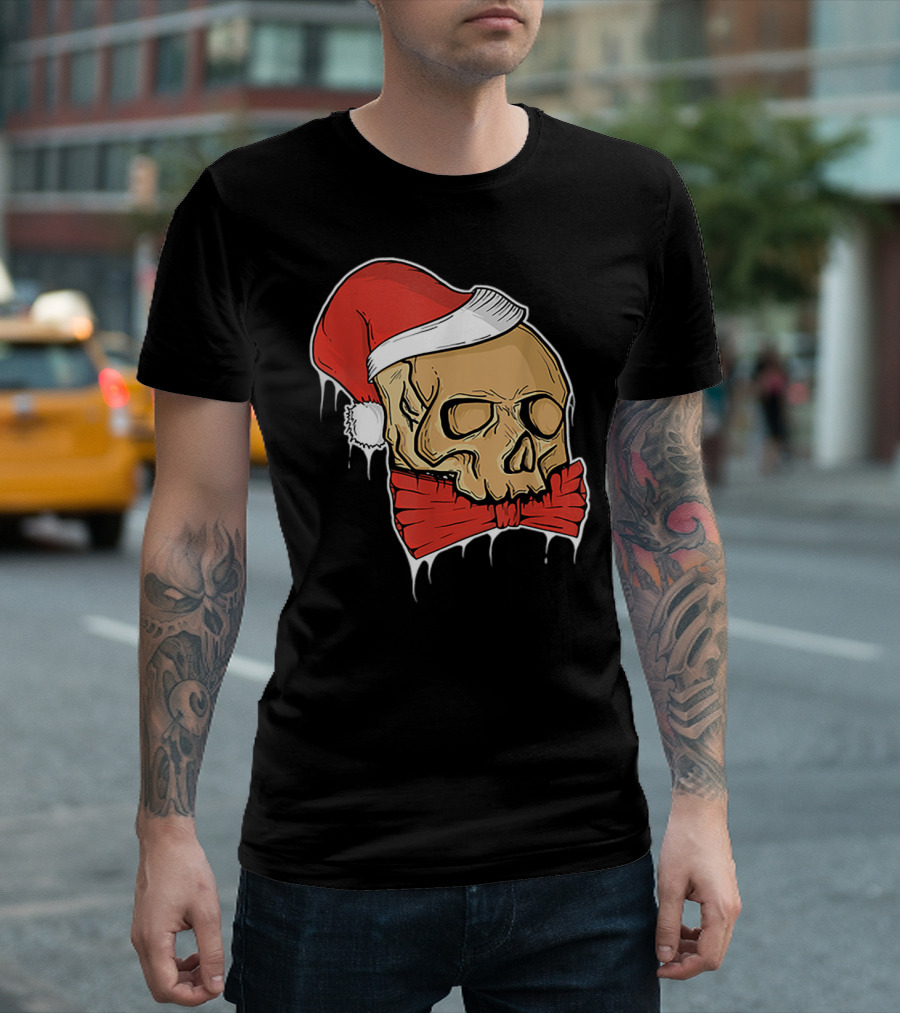 Vintage Skull Christmas Santa Hat Bow T-Shirt