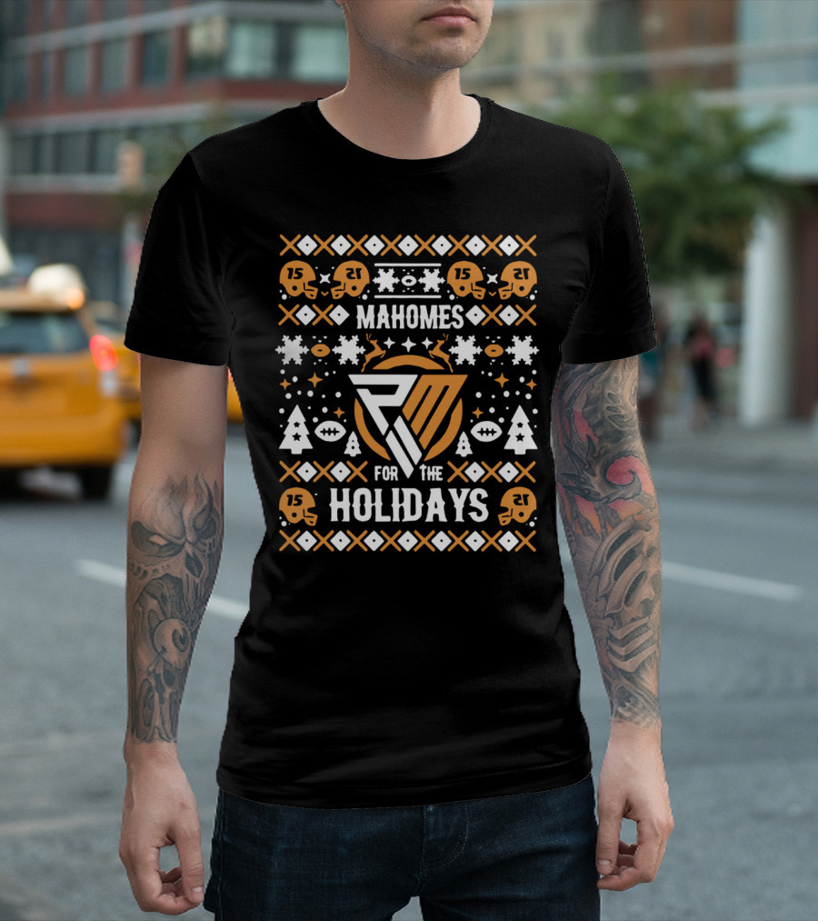 Mahomes for the Holidays PM Holiday Football Helmets Trees Snowflakes Reindeer 15 T-Shirt