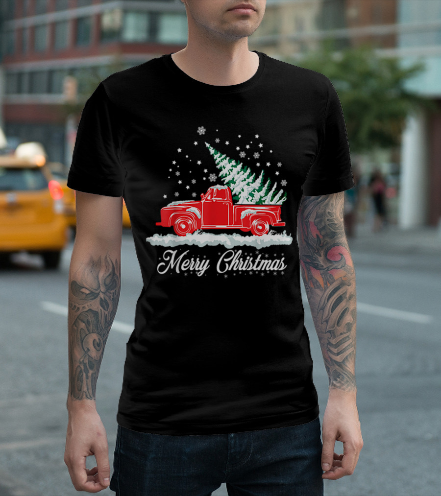 Merry Christmas Classic Old Red Truck With XMAS Tree Snowflakes T-Shirt
