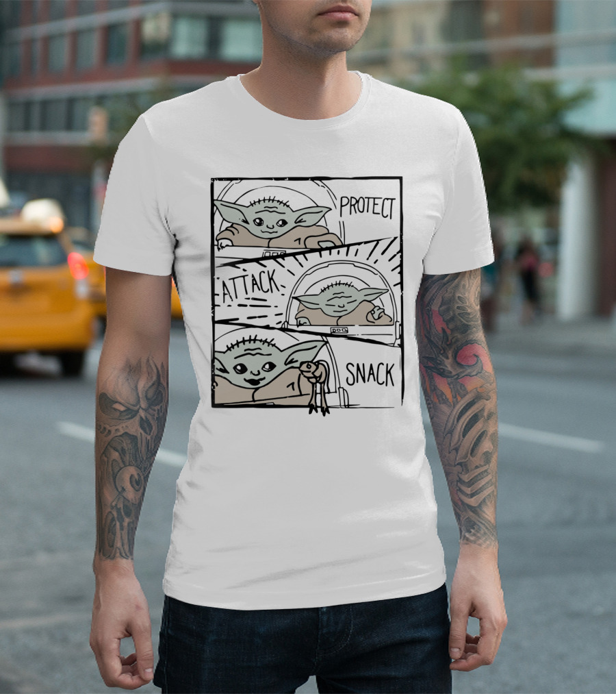 Star Wars Mandalorian Baby Yoda The Child Protect Attack Snack Comic Strip T-Shirt