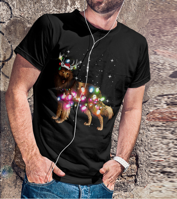 Belgian Tervuren In Santa Hat With Holiday Christmas Lights And Snowflakes T-Shirt