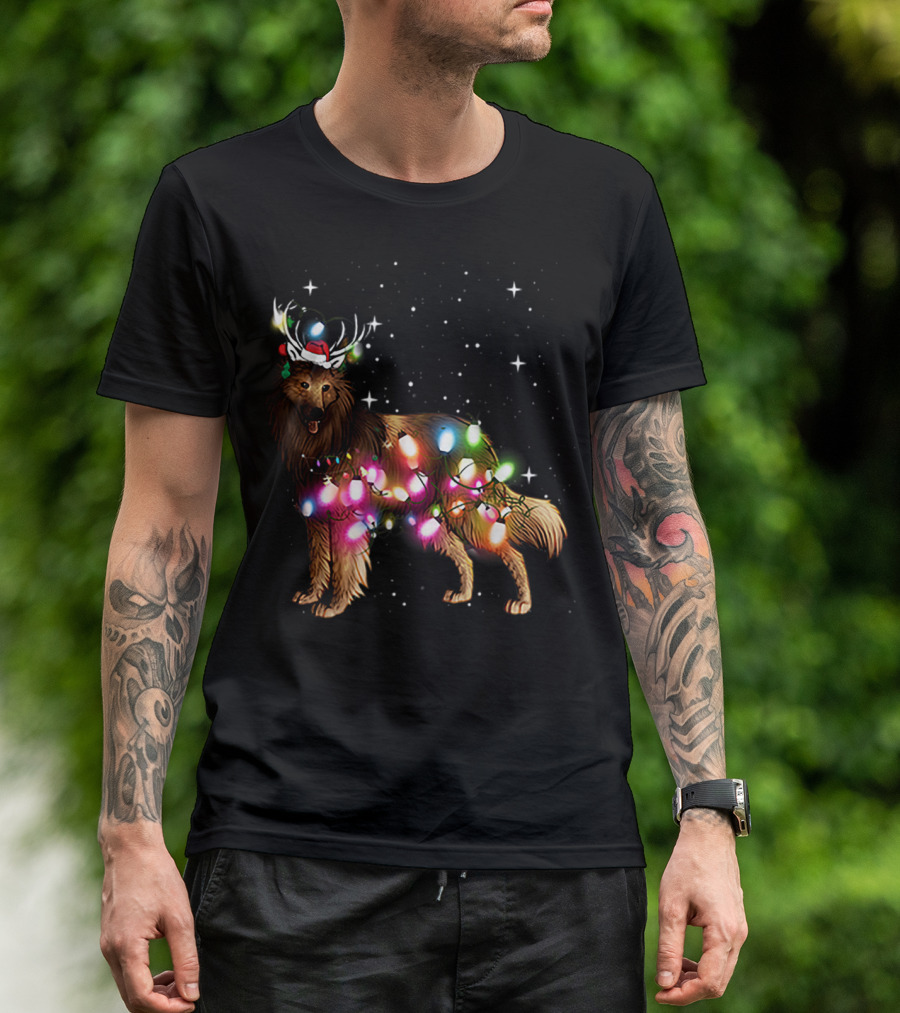 Belgian Tervuren In Santa Hat With Holiday Christmas Lights And Snowflakes T-Shirt