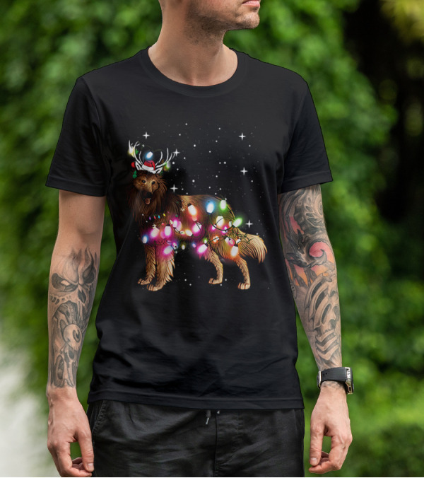 Belgian Tervuren In Santa Hat With Holiday Christmas Lights And Snowflakes T-Shirt