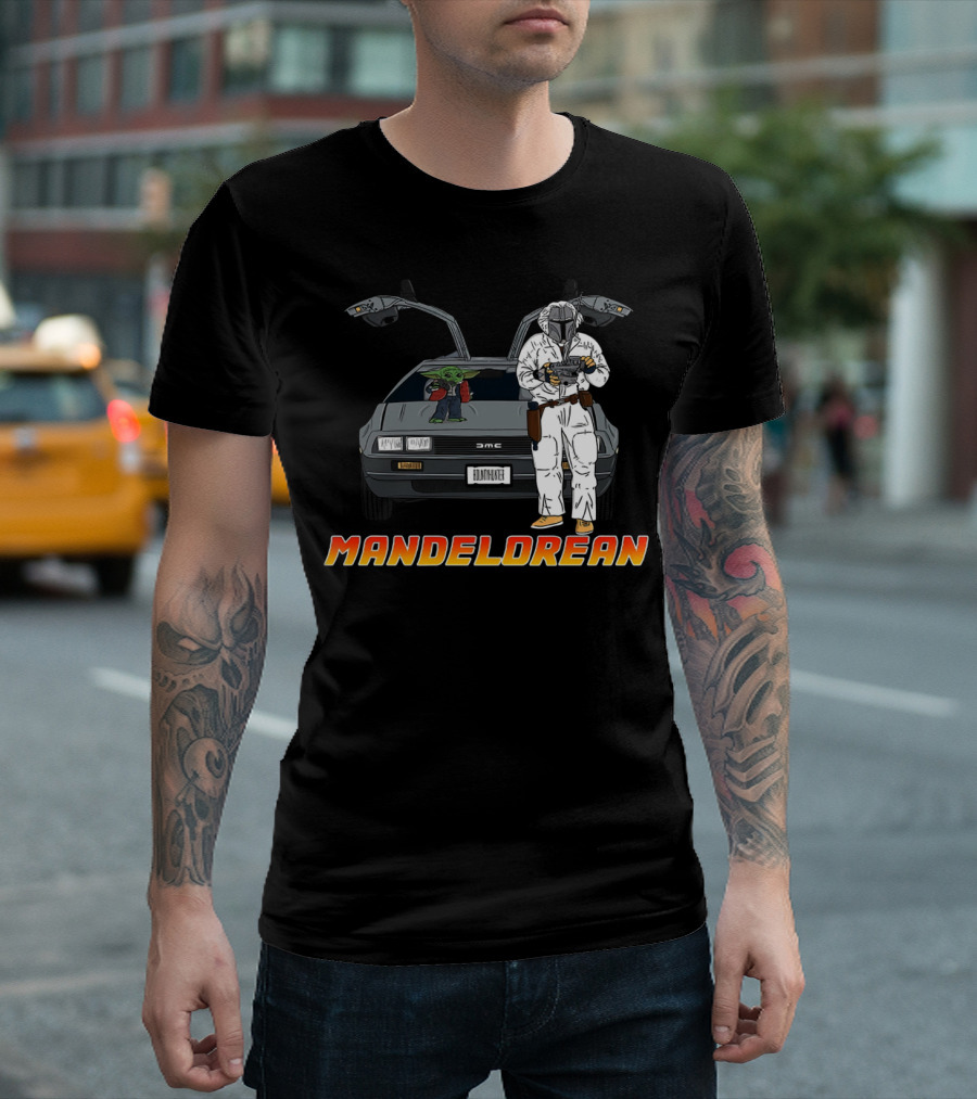 Mandelorean Baby Yoda and Boba Fett with DeLorean Car T-Shirt