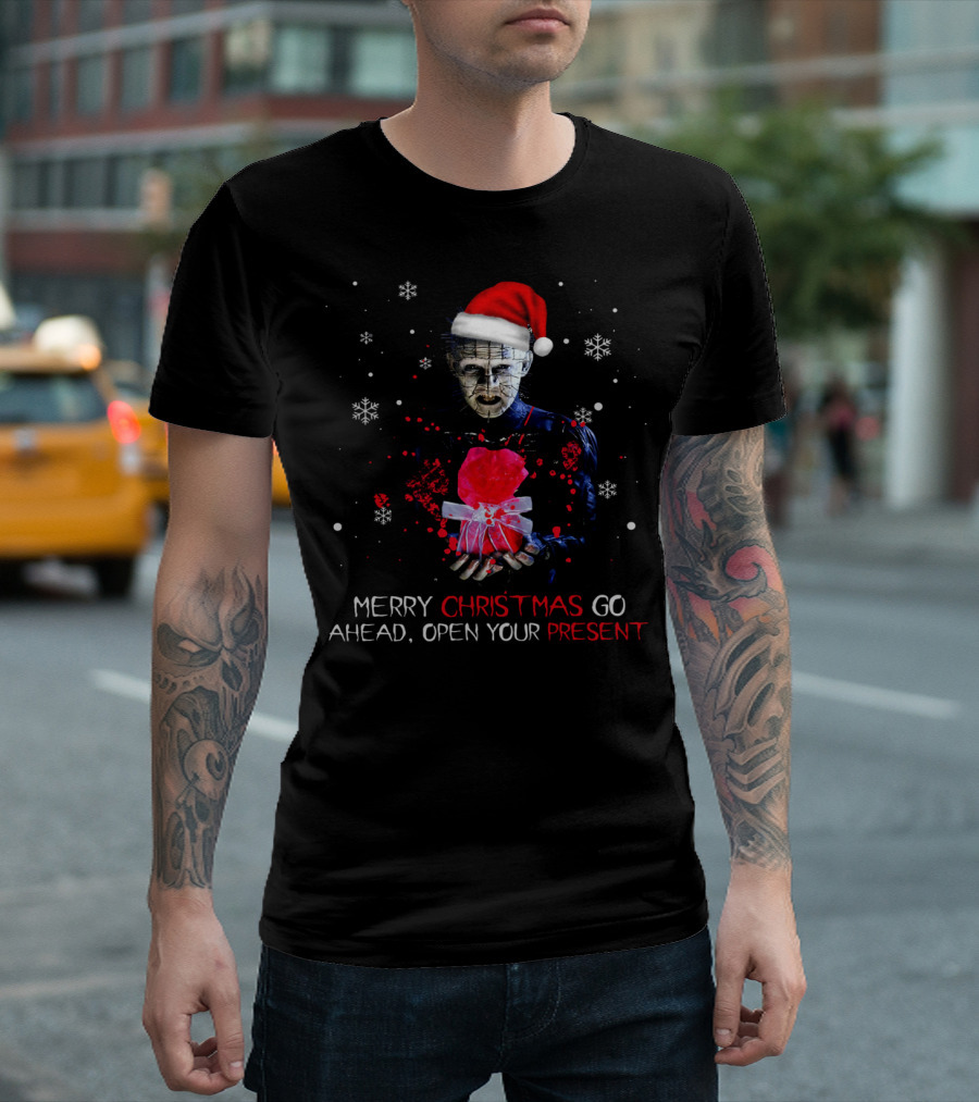 Merry Christmas Go Ahead Open Your Present Pinhead Santa Hat Snowflakes T-Shirt