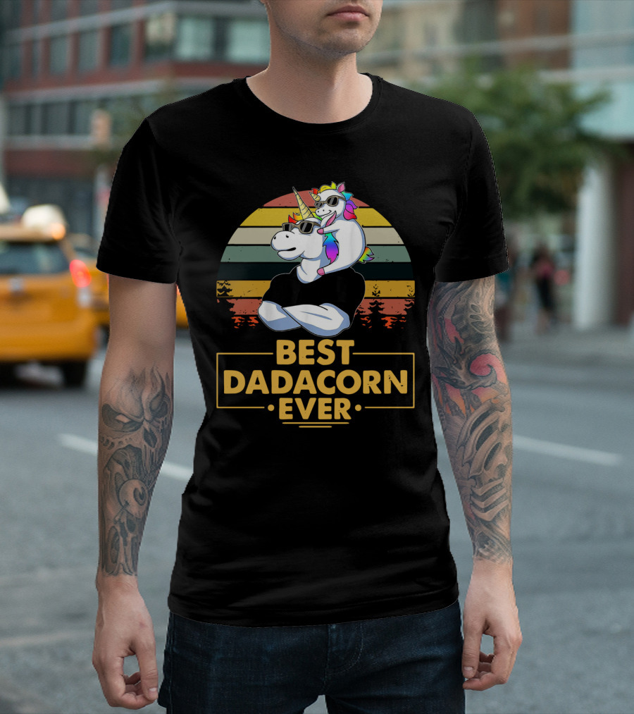 Best Dadacorn Ever Retro Sunset Unicorn Duo T-Shirt