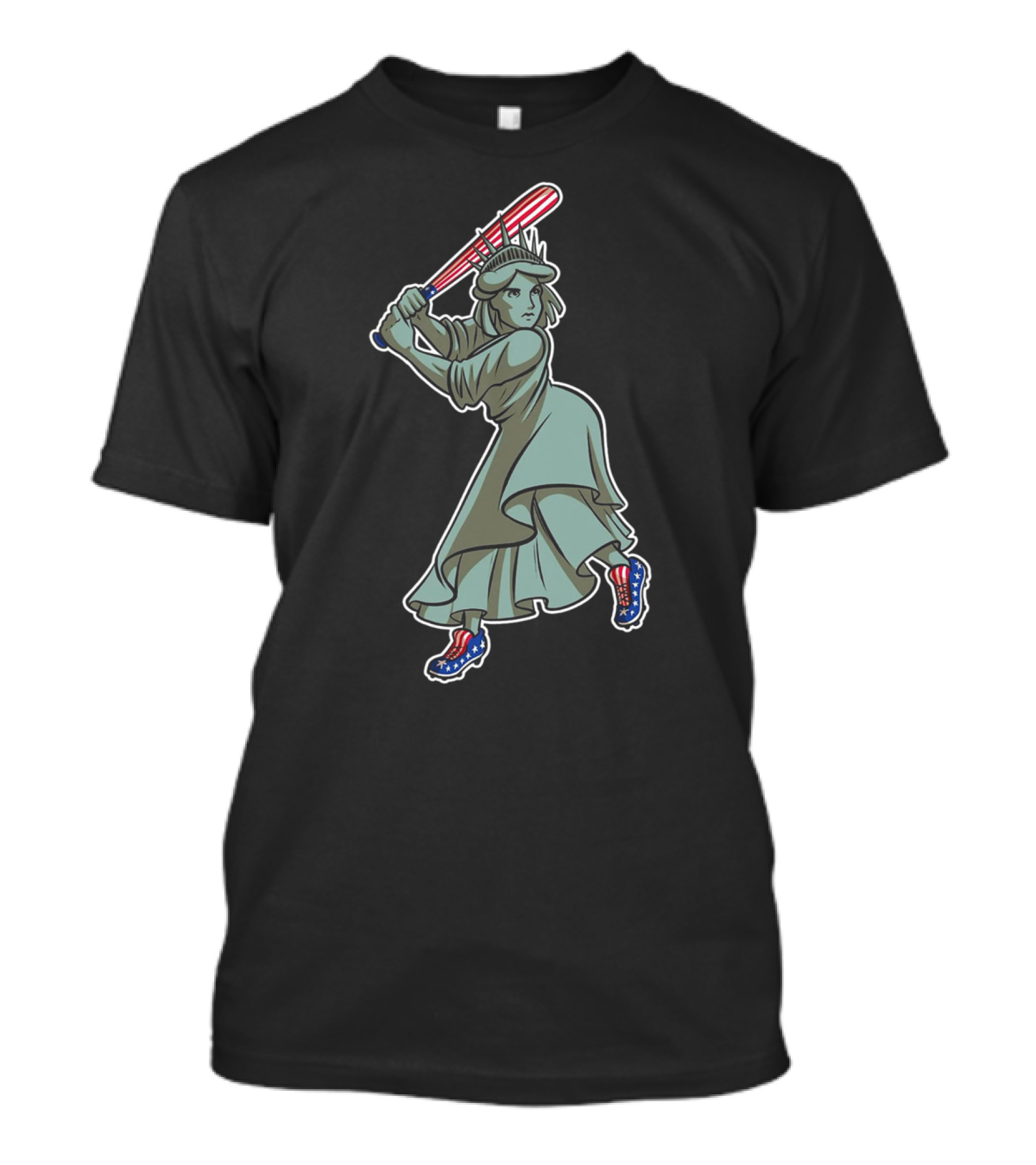 Liberty Statue Playing Baseball With American Flag Bat And Star-Spangled Shoes T-Shirt