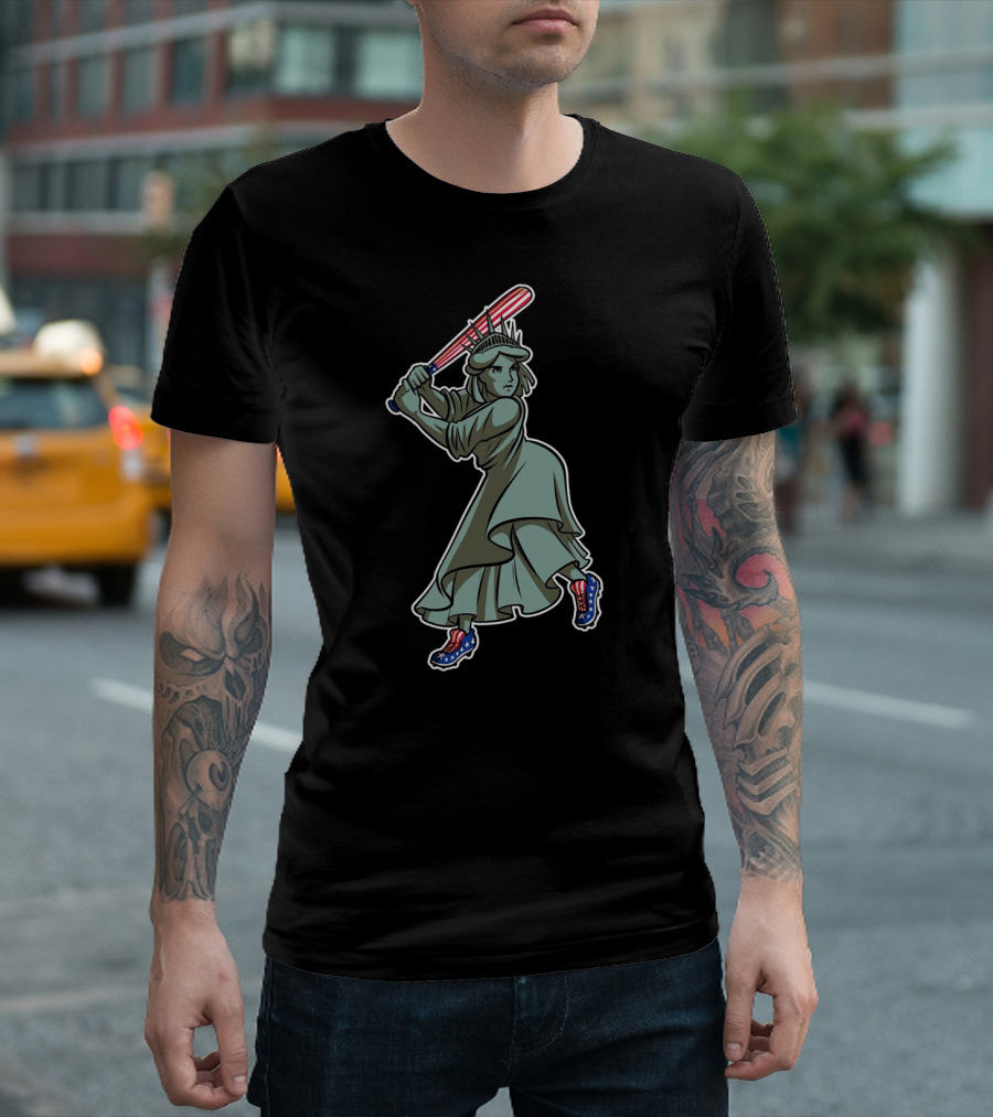 Liberty Statue Playing Baseball with American Flag Bat and Star-Spangled Shoes T-Shirt