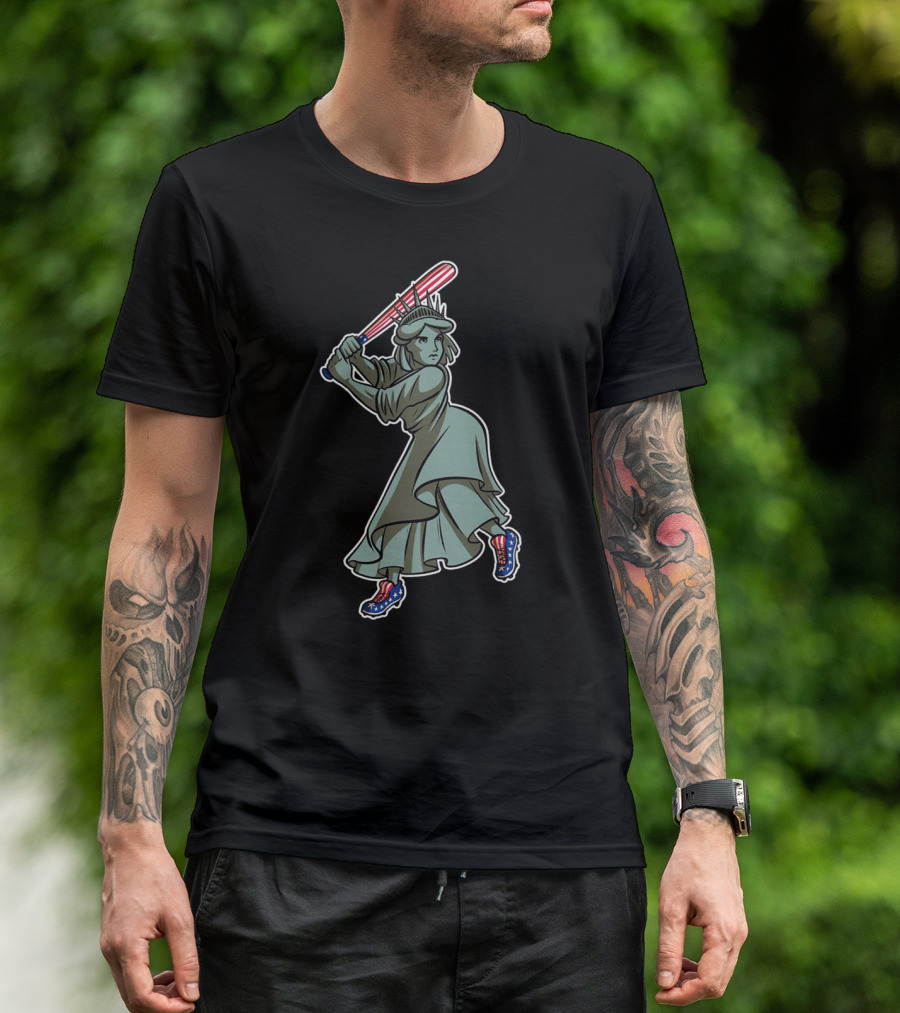 Liberty Statue Playing Baseball With American Flag Bat And Star-Spangled Shoes T-Shirt