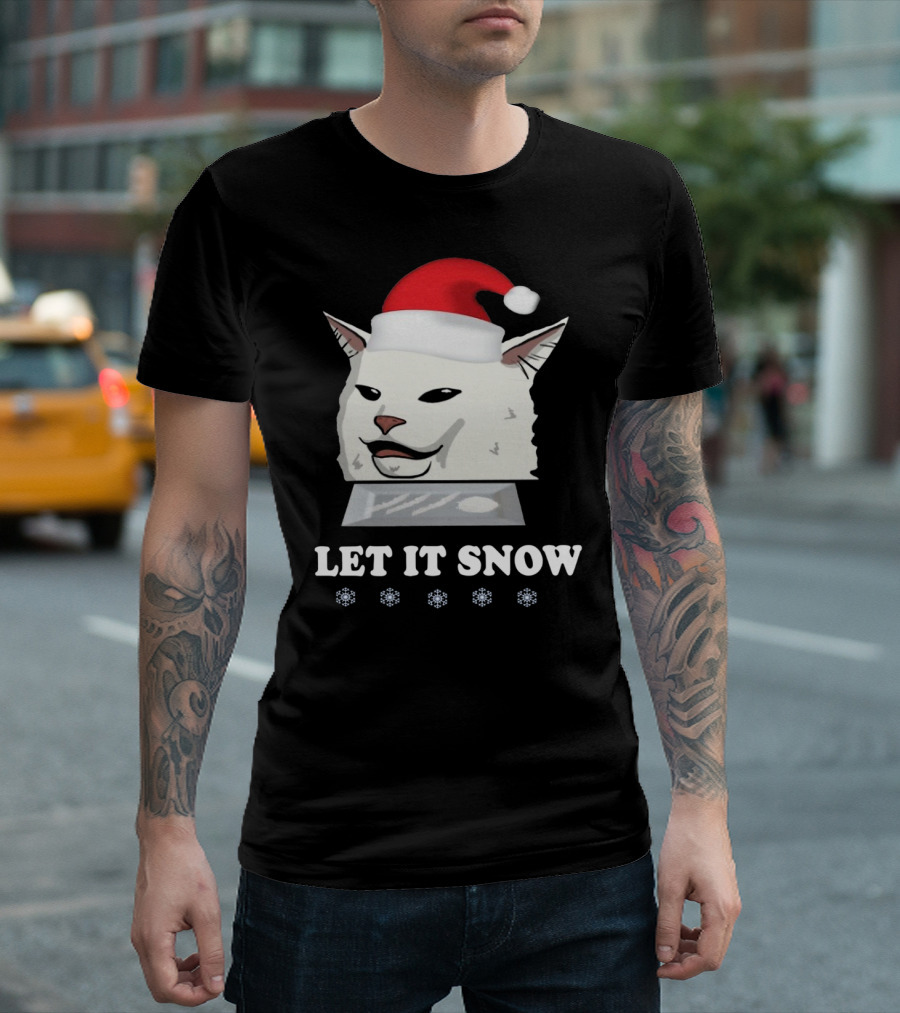 Let It Snow Cat In Santa Hat With Snowflakes T-Shirt