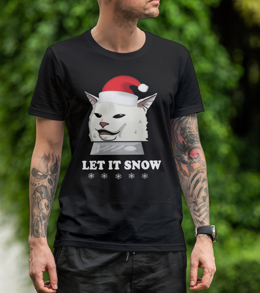 Let It Snow Cat In Santa Hat With Snowflakes T-Shirt