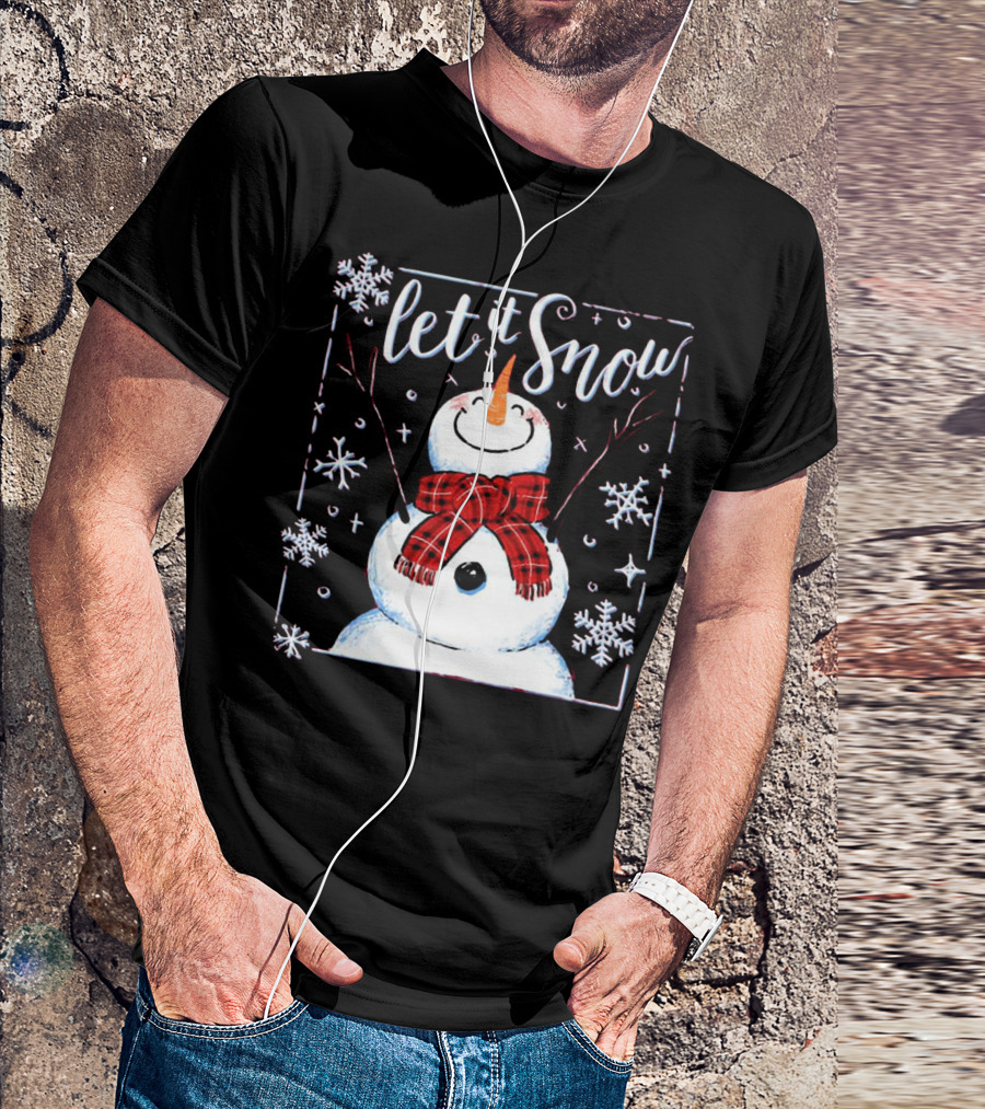 Let It Snow Santa Snowman With Scarf And Snowflakes T-Shirt