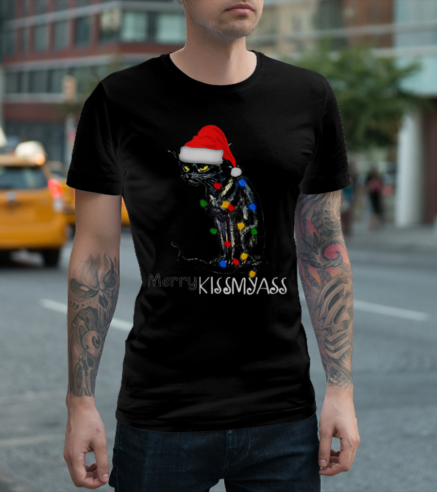 Merry Kissmyass Black Cat Santa Hat Christmas Lights T-Shirt
