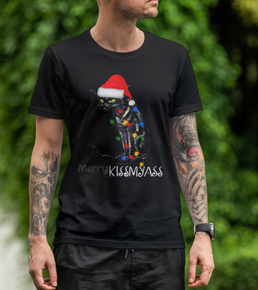 Merry Kissmyass Black Cat Santa Hat Christmas Lights T-Shirt