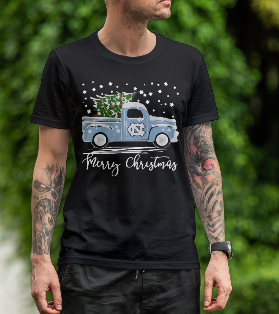 North Carolina Tar Heels Merry Christmas Pickup Truck With Tree T-Shirt