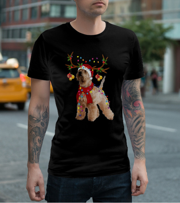 Christmas Wheaten Terrier With Santa Hat And Reindeer Antlers T-Shirt