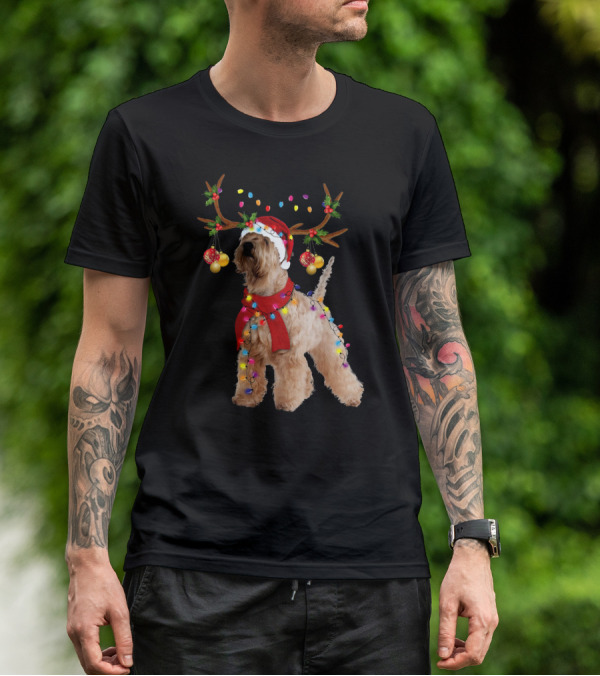 Christmas Wheaten Terrier With Santa Hat And Reindeer Antlers T-Shirt