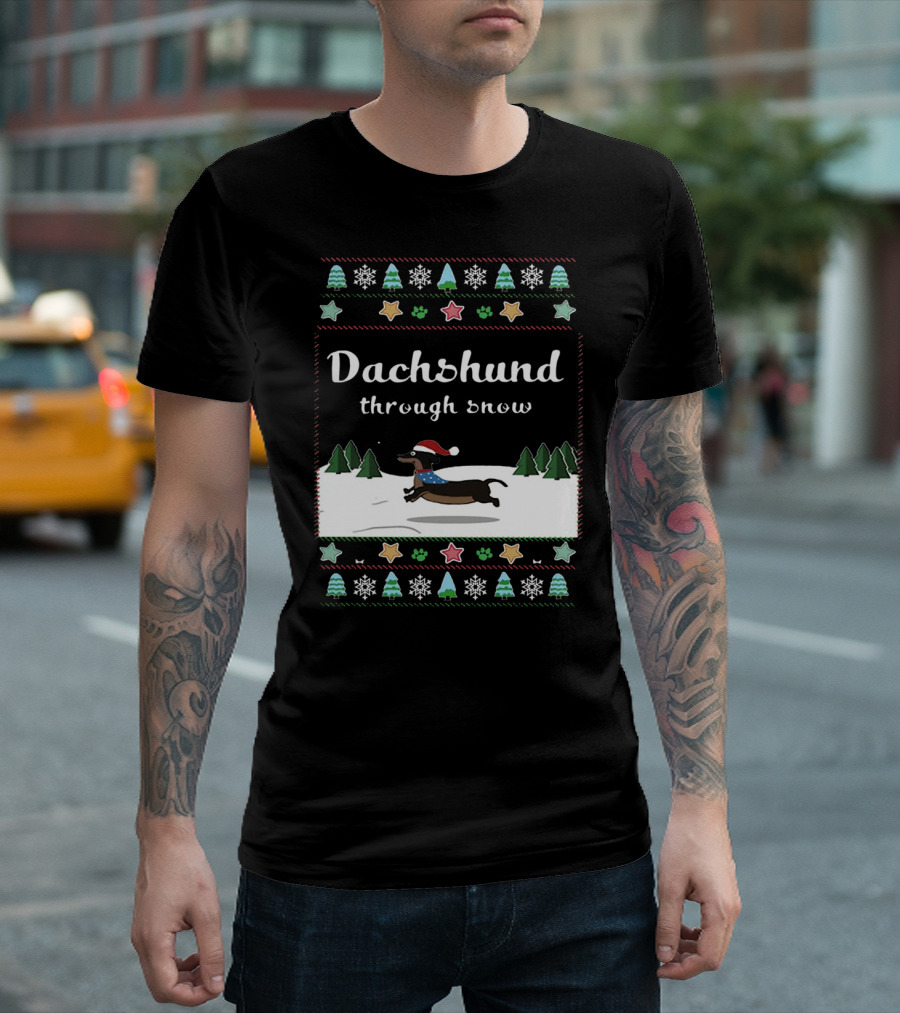 Dachshund Through Snow Christmas Sweater Style with Trees and Stars T-Shirt