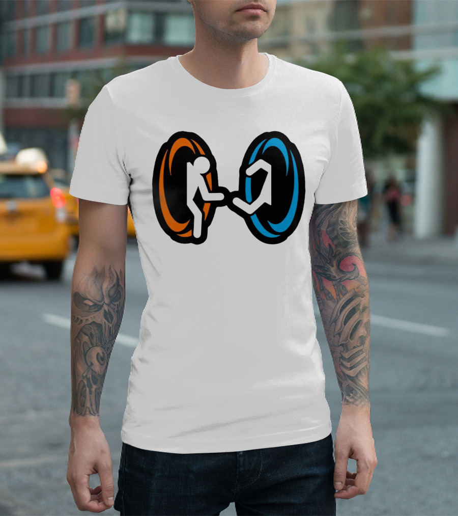 Orange and Blue Portal Stick Figure Couple T-Shirt