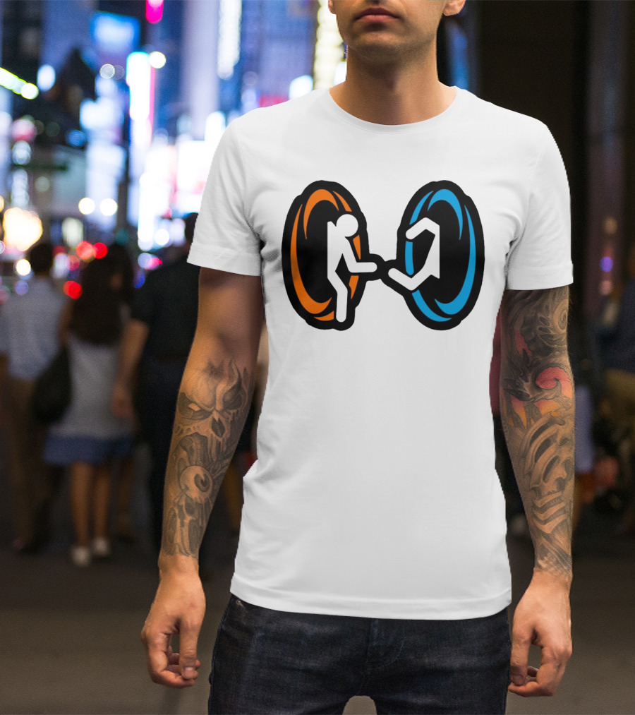 Orange And Blue Portal Stick Figure Couple T-Shirt