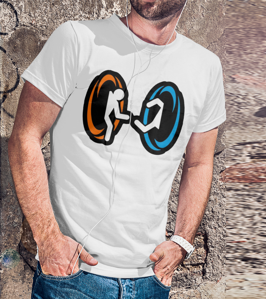 Orange And Blue Portal Stick Figure Couple T-Shirt