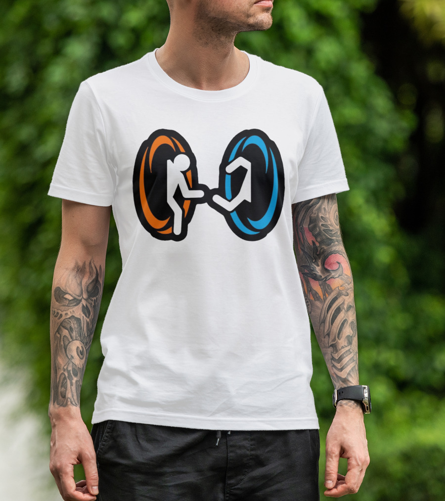 Orange And Blue Portal Stick Figure Couple T-Shirt
