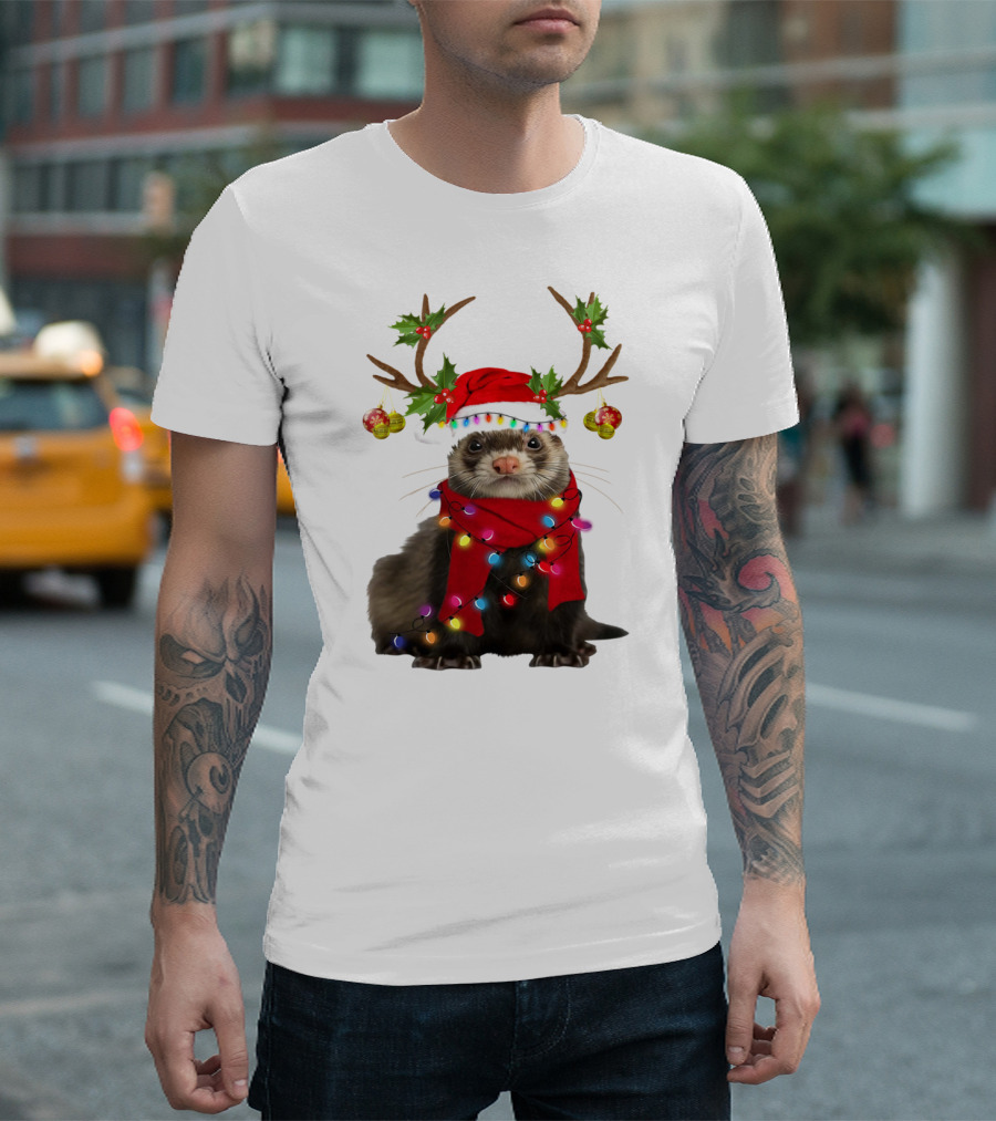 Otter with Festive Lights and Reindeer Antlers Holiday T-Shirt