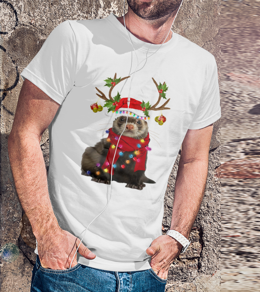 Otter With Festive Lights And Reindeer Antlers Holiday T-Shirt