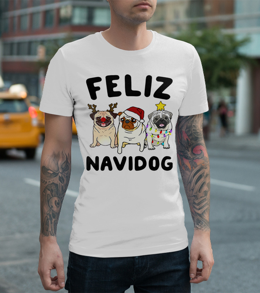 Feliz Navidog Pugs Christmas Reindeer Santa Lights T-Shirt