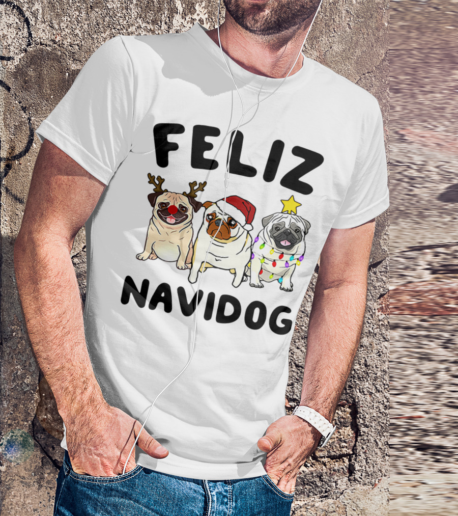Feliz Navidog Pugs Christmas Reindeer Santa Lights T-Shirt
