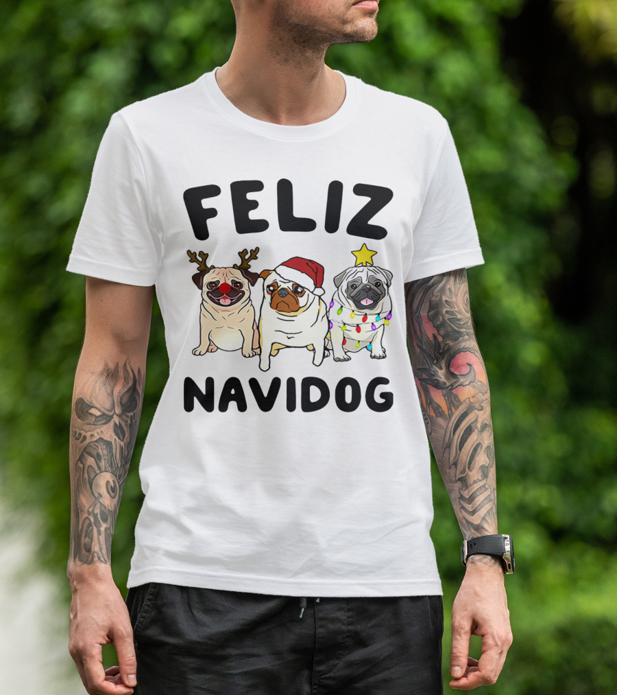 Feliz Navidog Pugs Christmas Reindeer Santa Lights T-Shirt